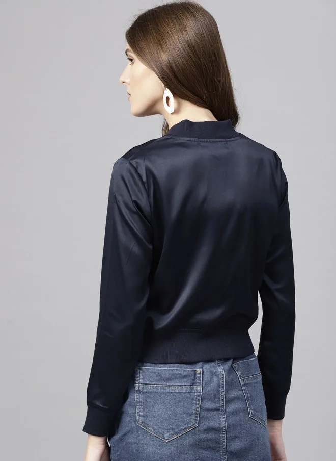 STREET 9 Navy Blue Satin Bomber Jacket for Women