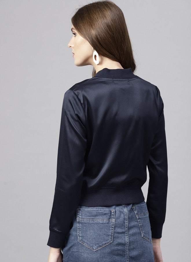 STREET 9 Navy Blue Satin Bomber Jacket for Women - Image 4