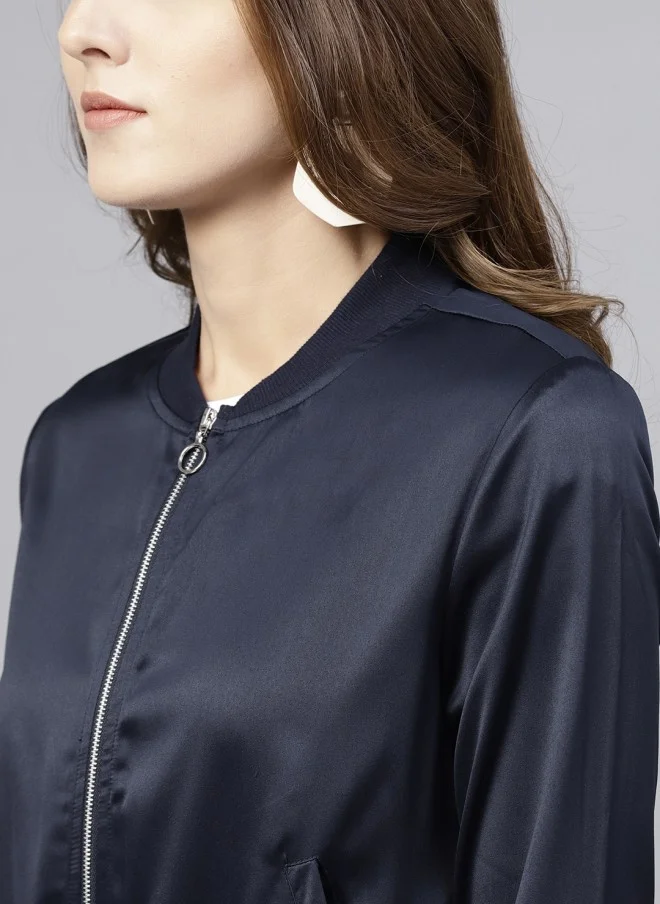 STREET 9 Navy Blue Satin Bomber Jacket for Women