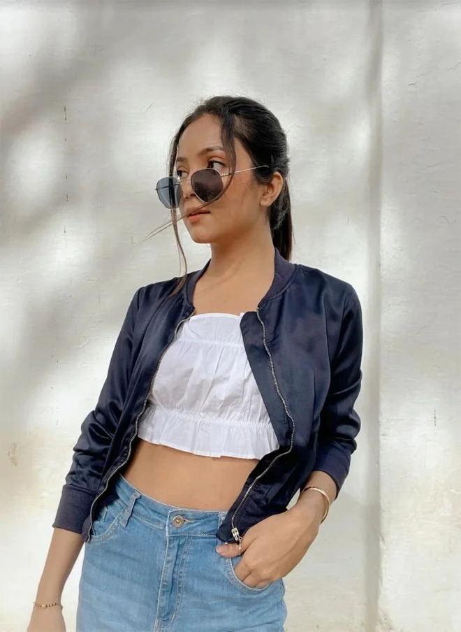 STREET 9 Navy Blue Satin Bomber Jacket for Women