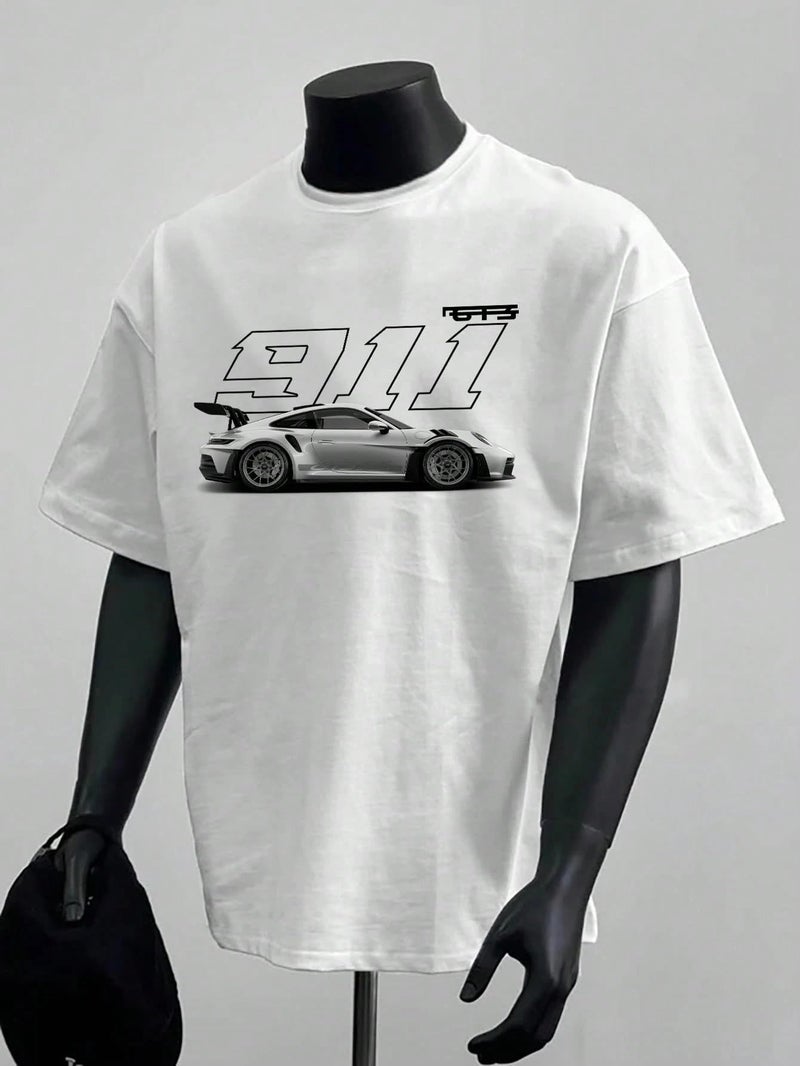 SXV STYLE SXV '911 Car’ Printed Cool Aesthetic Oversized Baggy Cotton T-Shirt for Men (in, Alpha, 2XL, Regular, White) - Image 2