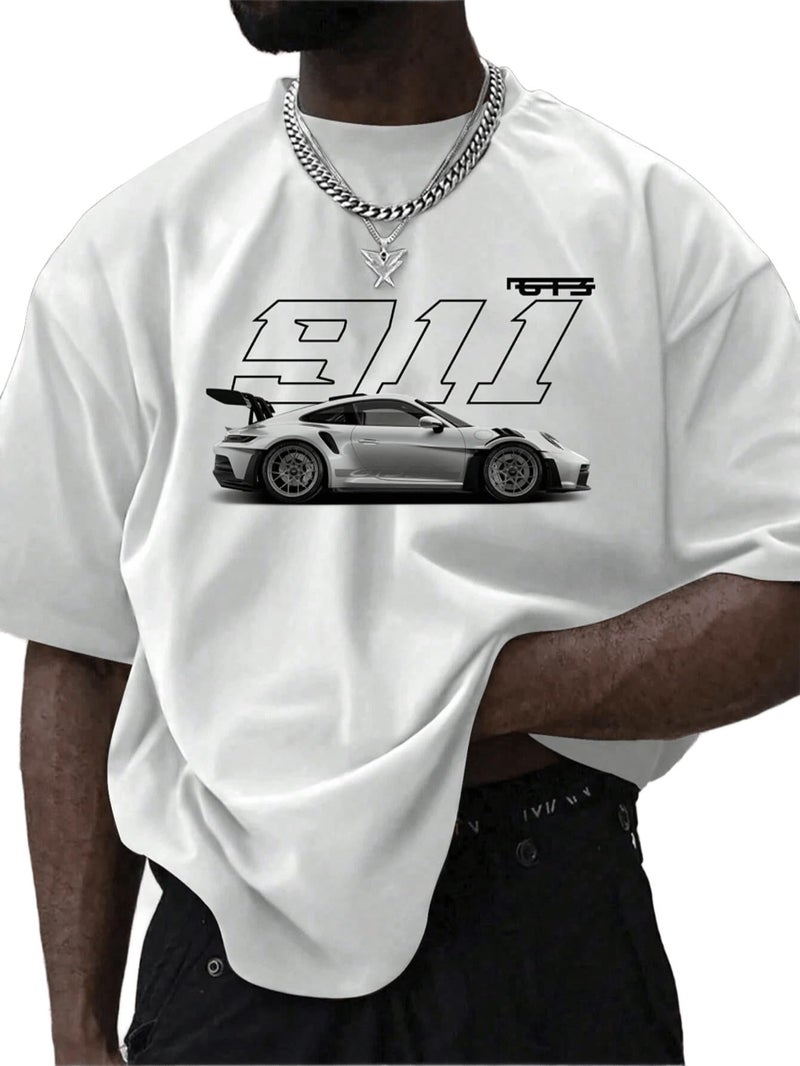 SXV STYLE SXV '911 Car’ Printed Cool Aesthetic Oversized Baggy Cotton T-Shirt for Men (in, Alpha, 2XL, Regular, White) - Image 1