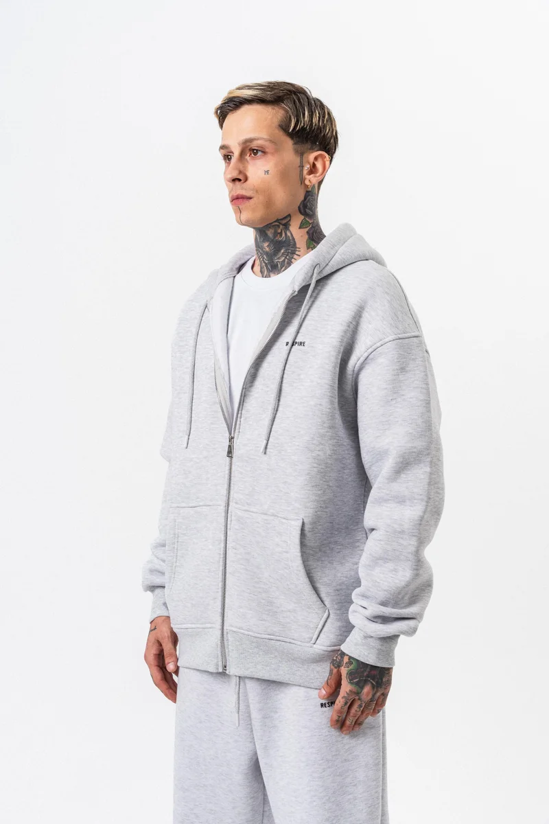 ريسباير هودي رجالي أساسي واسع (Oversize) بسحاب (Zip) بغطاء رأس بتفاصيل نص "Respire" لون رمادي ثلجي (Kar Melanj)