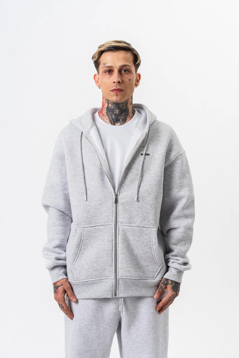RESPIRE Men's Respire Letter Detail Basic Zip Hooded Oversize Hoodie Snow Melange (Kar Melanj)