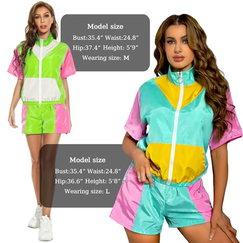 Yisfri Women Retro 80's 90's 2 Piece Track Suit Theme Party Zipper Windbreaker Neon Joggers Set (as1, alpha, l, regular, regular, Green, L) - Image 5