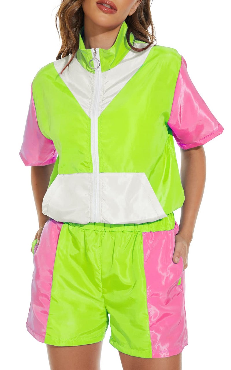 Yisfri Women Retro 80's 90's 2 Piece Track Suit Theme Party Zipper Windbreaker Neon Joggers Set (as1, alpha, l, regular, regular, Green, L) - Image 1