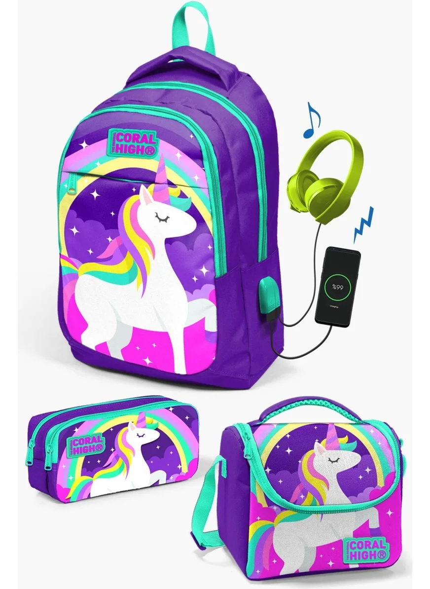 CORAL HIGH Kids Purple Water Green Unicorn Patterned 3-Piece School Bag Set with USB SET0123415