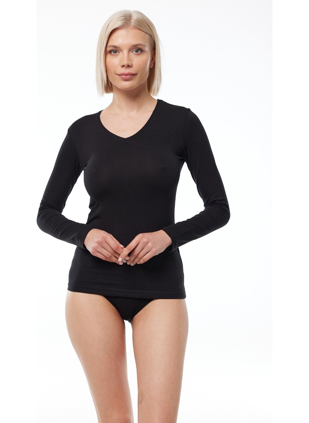 Malabadi - Women's Black V Neck Long Sleeve Modal Bodysuit 181 - Image 1