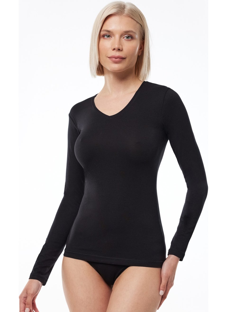 Malabadi - Women's Black V Neck Long Sleeve Modal Bodysuit 181 - Image 1