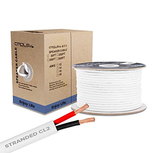 Cmple 50FT 16AWG Speaker Wire Cable with 2 Conductor Speaker Cable (CCA) Copper Clad Aluminum CL2 Rated In-Wall Speaker Wire for Home Theater & Car Audio - 50 Feet, White - Image 1