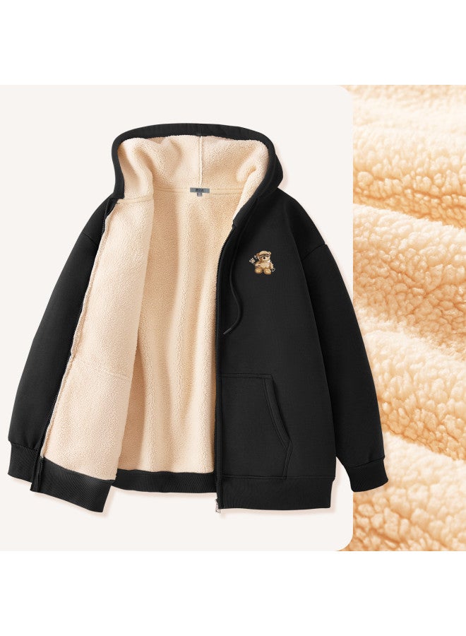 Flying in the snow Heavyweight Faux Lamb Fleece Cardigan Sweatshirt For Women, Autumn/winter Fleece-lined Design, Korean-style Minimalist, Loose-fitting Jacket For Petite Figures - Image 2