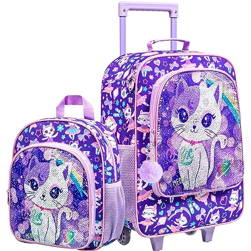 KLFVB Kids Luggage for Girls, Cute Cat Rolling Wheels Suitcase for Toddler, Children Travel Carry on Luggage - Image 1