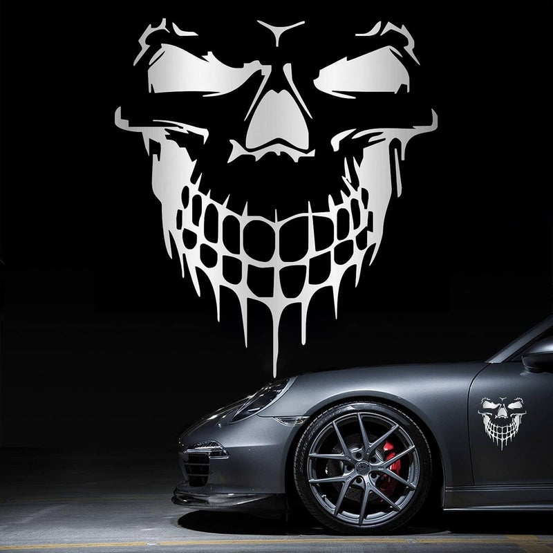 HungMieh 3D Skull Stickers and Decals for Car Windows, Doors, and Trucks - Laser Bumper Signs for Car Styling and Decor - Brushed Silver, 6.97" - Image 1