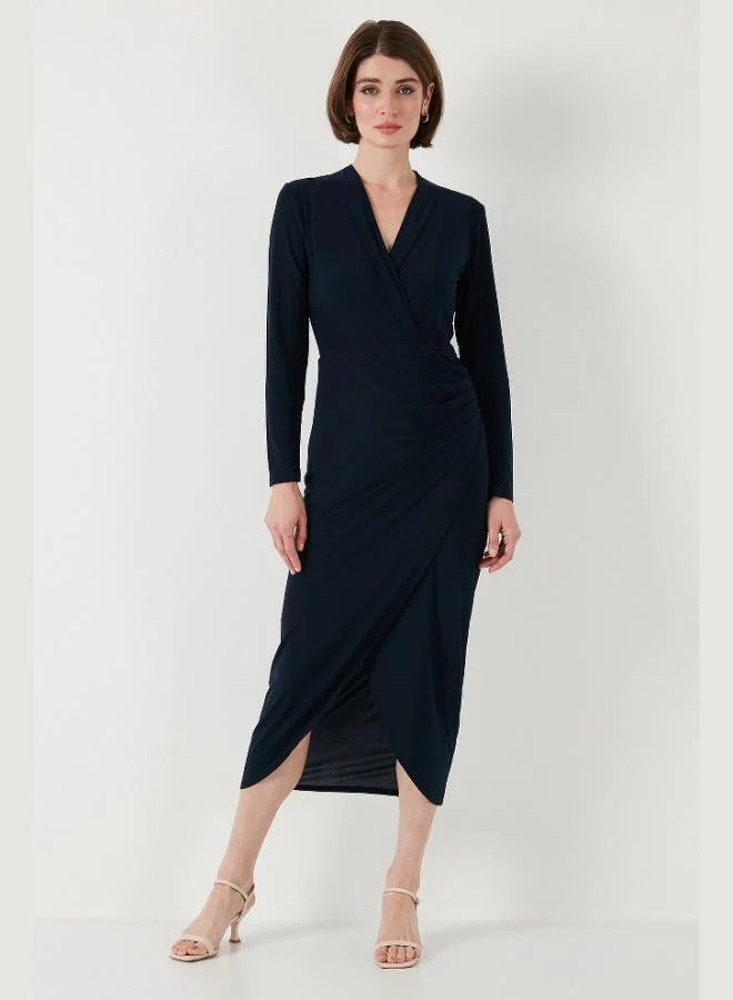 Lela  Lela Wrap Neckline Slit Drape Detail Midi Evening Dress Women's Dress 611EL1769 for Women | Best Price UAE