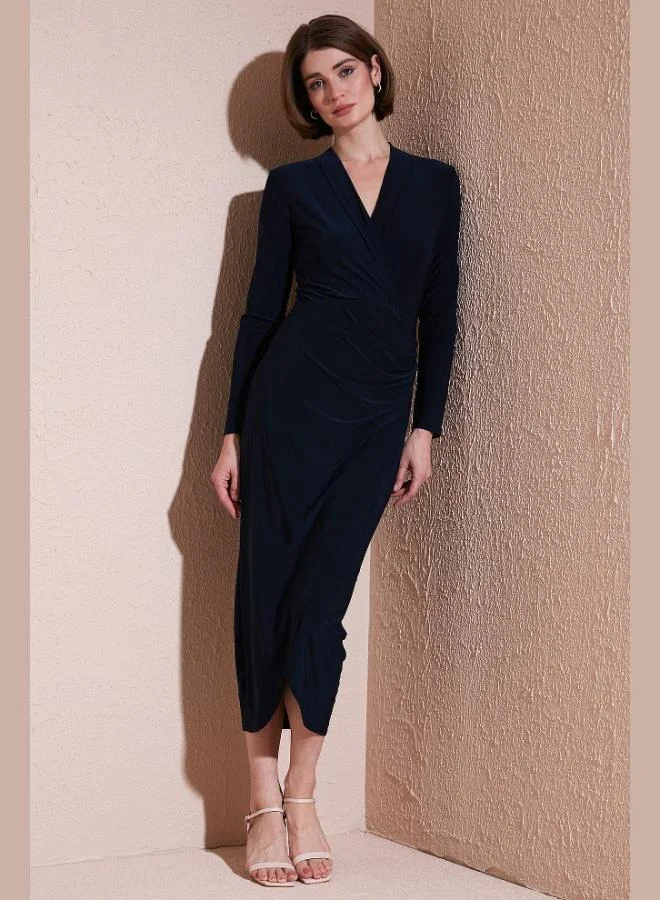 ليلا Lela Wrap Neckline Slit Drape Detail Midi Evening Dress Women's Dress 611EL1769