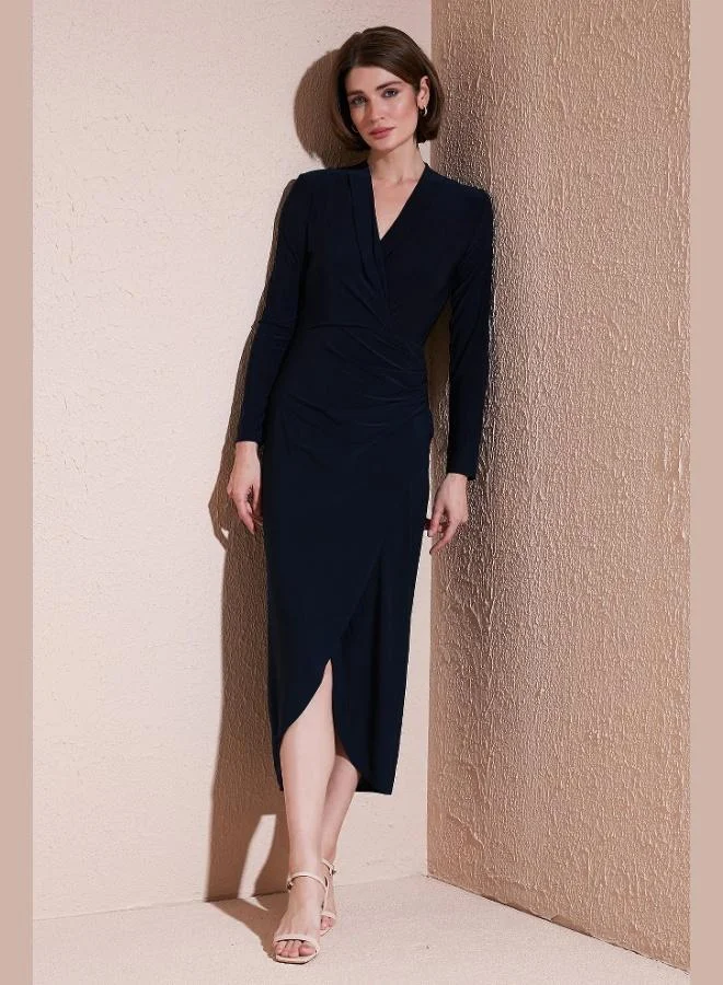 ليلا Lela Wrap Neckline Slit Drape Detail Midi Evening Dress Women's Dress 611EL1769