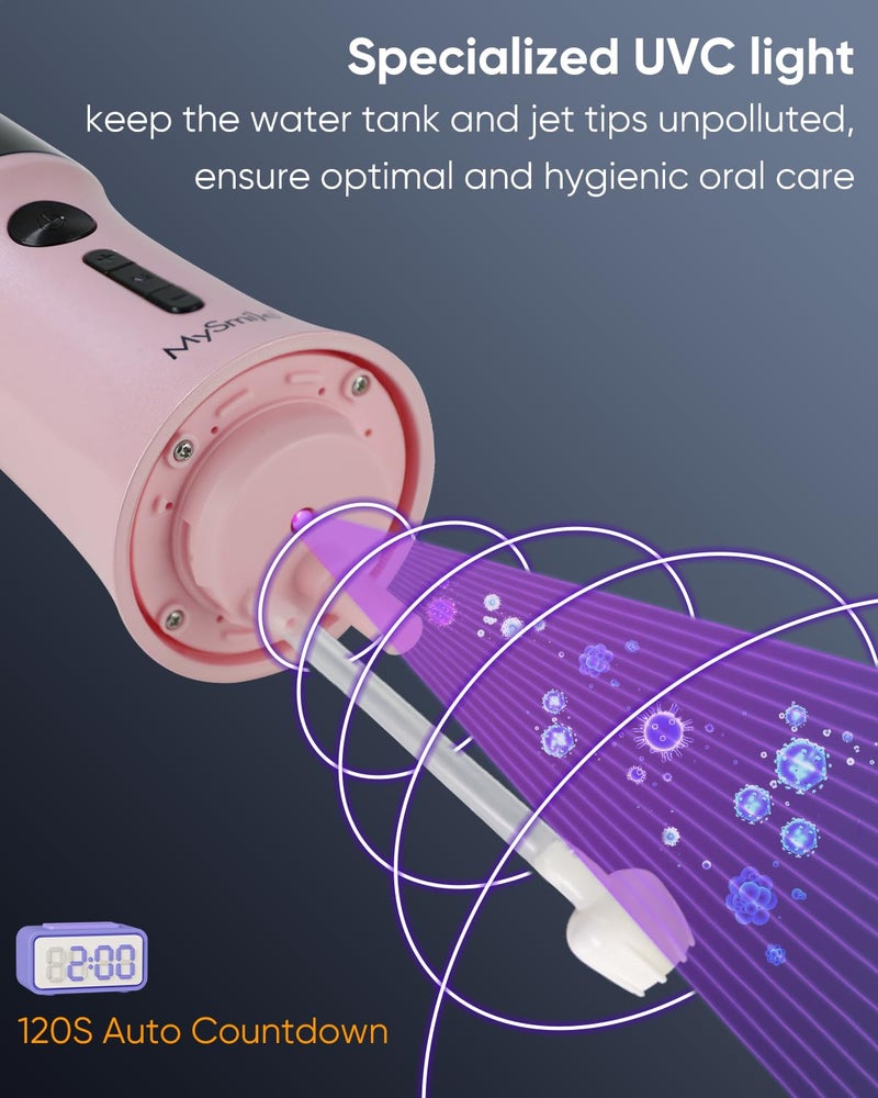 MySmile LP221 UVC Sterilizable Cordless Water Flossers for Teeth 335ML Portable OLED Display Dental Flosser with 4 Modes 8 Jet Tips and a Storage Pouch for Home and Travel (Juicy Pink) - Image 5