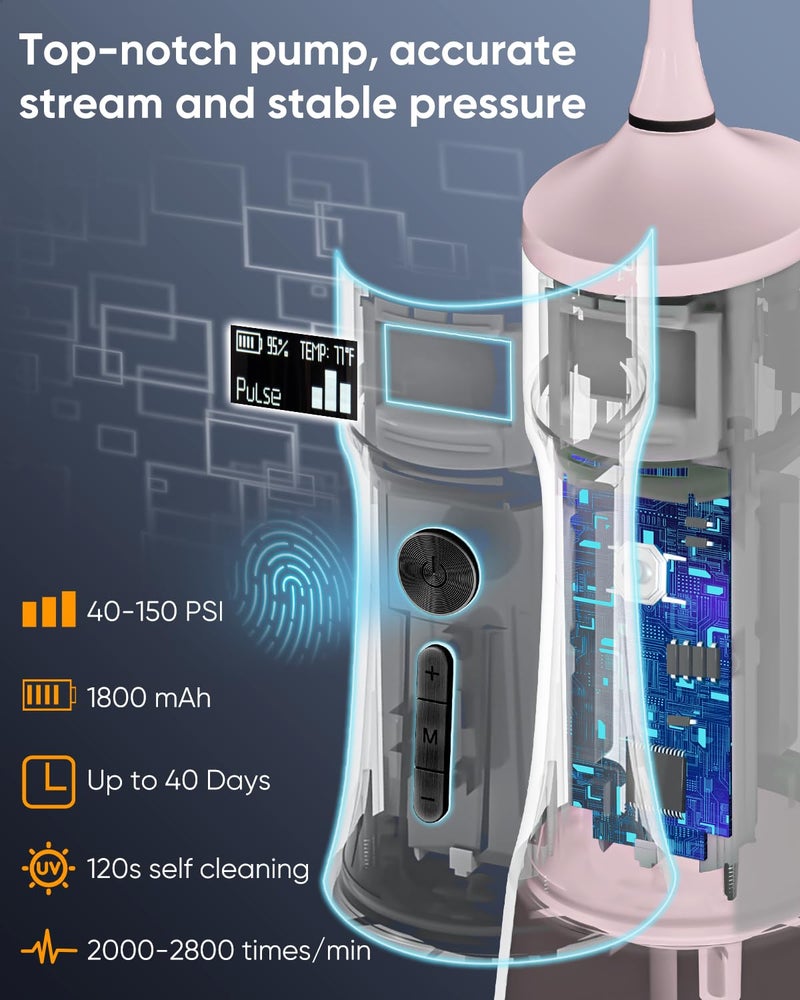 MySmile LP221 UVC Sterilizable Cordless Water Flossers for Teeth 335ML Portable OLED Display Dental Flosser with 4 Modes 8 Jet Tips and a Storage Pouch for Home and Travel (Juicy Pink) - Image 3