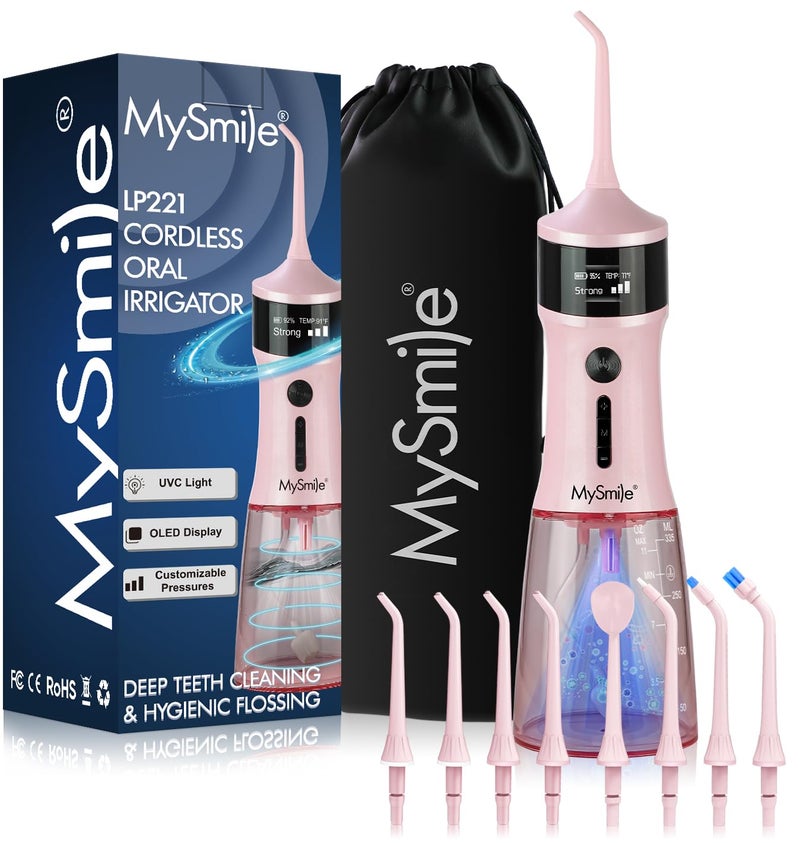 MySmile LP221 UVC Sterilizable Cordless Water Flossers for Teeth 335ML Portable OLED Display Dental Flosser with 4 Modes 8 Jet Tips and a Storage Pouch for Home and Travel (Juicy Pink) - Image 1
