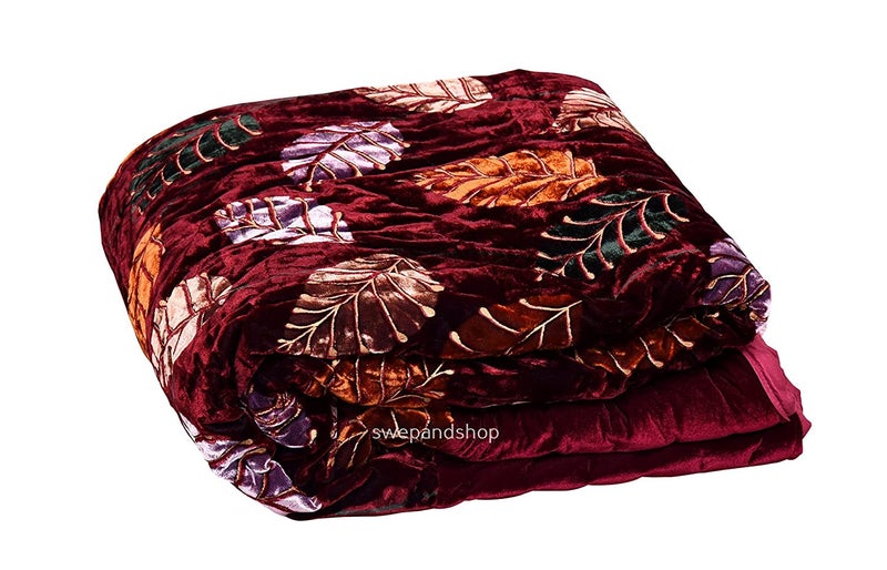 SIBLEY Traditional Famous Jaipuri Quilt 400 TC Organic Pure Cotton Bombay Velvet Leaf Printed Razai for Double Bed Size 90X105 Maroon - Image 2