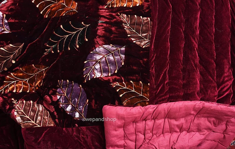 SIBLEY Traditional Famous Jaipuri Quilt 400 TC Organic Pure Cotton Bombay Velvet Leaf Printed Razai for Double Bed Size 90X105 Maroon - Image 4