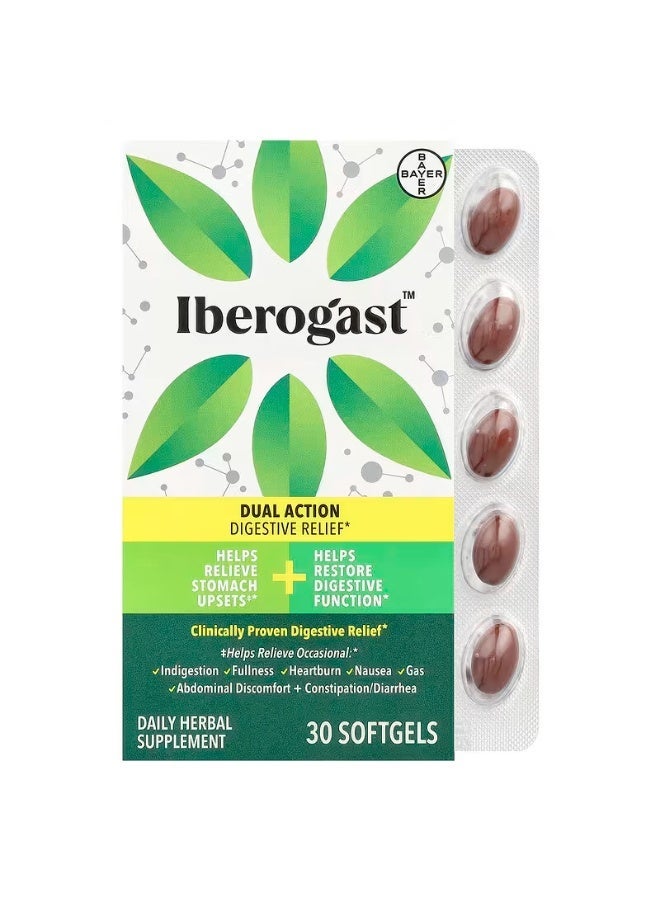 Iberogast كبسولات هلامية، تخفيف عشبي لاضطرابات المعدة: عسر الهضم العرضي، الانتفاخ، الغازات، الغثيان، اضطراب المعدة؛ مزيج من 6 أعشاب مع إيبيريس أمارا، نعناع، عرقسوس، بلسم الليمون؛ 30 حبة - Image 1