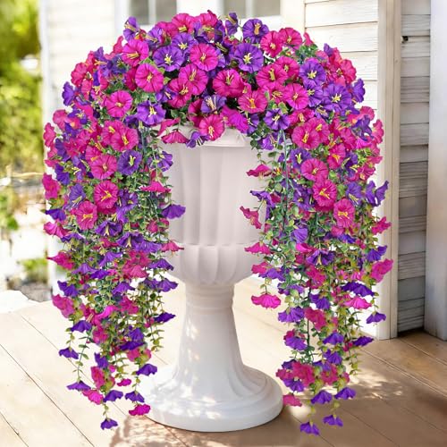 Julako Artificial Hanging Flowers for Outdoors, 2 PCS 300 Blooms UV Resistant Morning Glory Faux Silk Vines, No-Odor Realistic Fake Plants for Garden Planter Porch Patio Decoration, Fuchsia & LightPurple - Image 1
