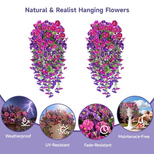Julako Artificial Hanging Flowers for Outdoors, 2 PCS 300 Blooms UV Resistant Morning Glory Faux Silk Vines, No-Odor Realistic Fake Plants for Garden Planter Porch Patio Decoration, Fuchsia & LightPurple - Image 2