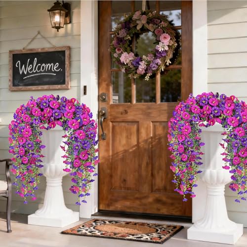 Julako Artificial Hanging Flowers for Outdoors, 2 PCS 300 Blooms UV Resistant Morning Glory Faux Silk Vines, No-Odor Realistic Fake Plants for Garden Planter Porch Patio Decoration, Fuchsia & LightPurple - Image 5