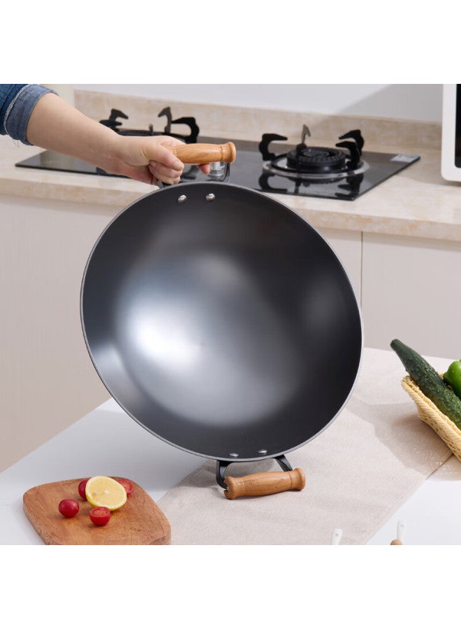Telssida Double Handle Cast Iron Wok 40cm Non-coated Traditional Round Bottom Stir Fry Pan For Home Cooking - Image 1