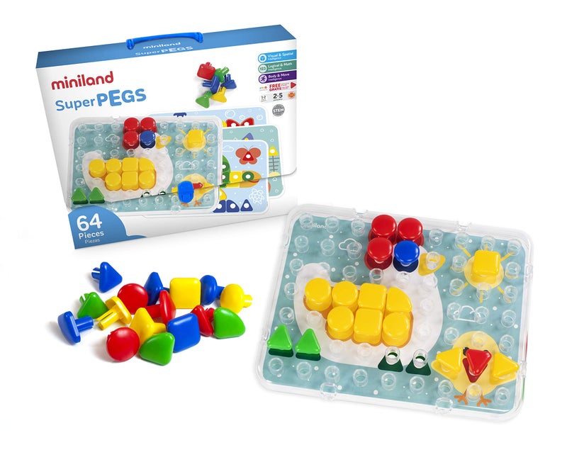 Miniland Educational - Super Pegs Pedagogical Set (64 Pieces), Multi-Color - Image 1