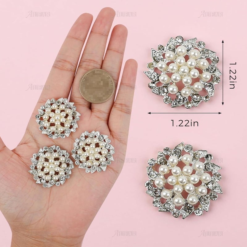 AUEAR, 15 Pack Faux Rhinestone Pearl Flower Buttons Fashion Silver Crystal Button Brooches for Jewelry Making Clothing DIY Craft - Image 2