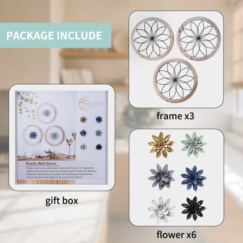 Paquesta 3 Piece Round Farmhouse Wall Decor with 6 Piece Interchangeable Flowers 12'' Medallion Wood & Metal Rustic Wall Art for Living Room Bedroom Kitchen Bathroom Dining Room Home Decorations - Image 3