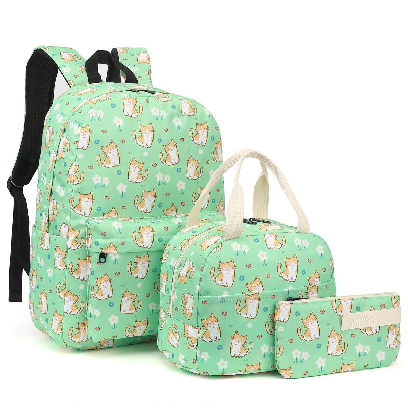 Yusudan Girls School Backpack Set Kids Teens School Bag Bookbag with Lunch Bag Pencil Bag Cat Green - Image 2
