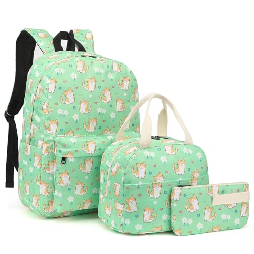 Yusudan Girls School Backpack Set Kids Teens School Bag Bookbag with Lunch Bag Pencil Bag Cat Green - Image 1