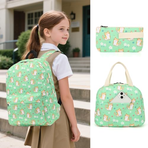 Yusudan Girls School Backpack Set Kids Teens School Bag Bookbag with Lunch Bag Pencil Bag Cat Green - Image 3