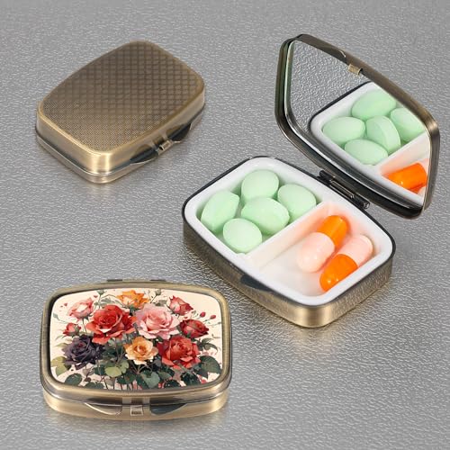 Dynippy Pill Case Pill Box with Mirror Retro Pocket 2 Compartment Medicine Case Vitamin Pill Organizer for Pocket Purse and Travel (Cute Flower) - Image 2