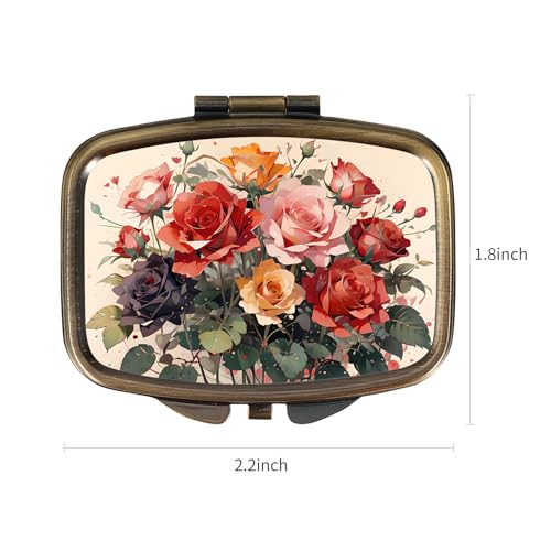 Dynippy Pill Case Pill Box with Mirror Retro Pocket 2 Compartment Medicine Case Vitamin Pill Organizer for Pocket Purse and Travel (Cute Flower) - Image 3