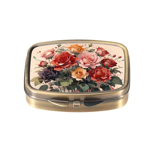 Dynippy Pill Case Pill Box with Mirror Retro Pocket 2 Compartment Medicine Case Vitamin Pill Organizer for Pocket Purse and Travel (Cute Flower) - Image 1