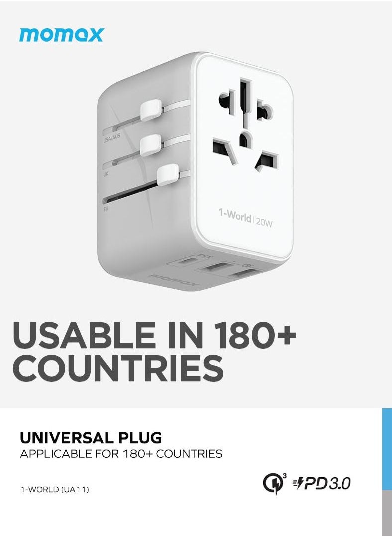 UA11 1-World 20W 3 Ports + AC Travel Adapter Multi Volt 100-250V USB-C / USB-A - White - pzsku/ZE519C087BBD150109575Z/45/_/1685536528/e4aef069-3ff6-4a5b-9ff1-8e1757aea1e0