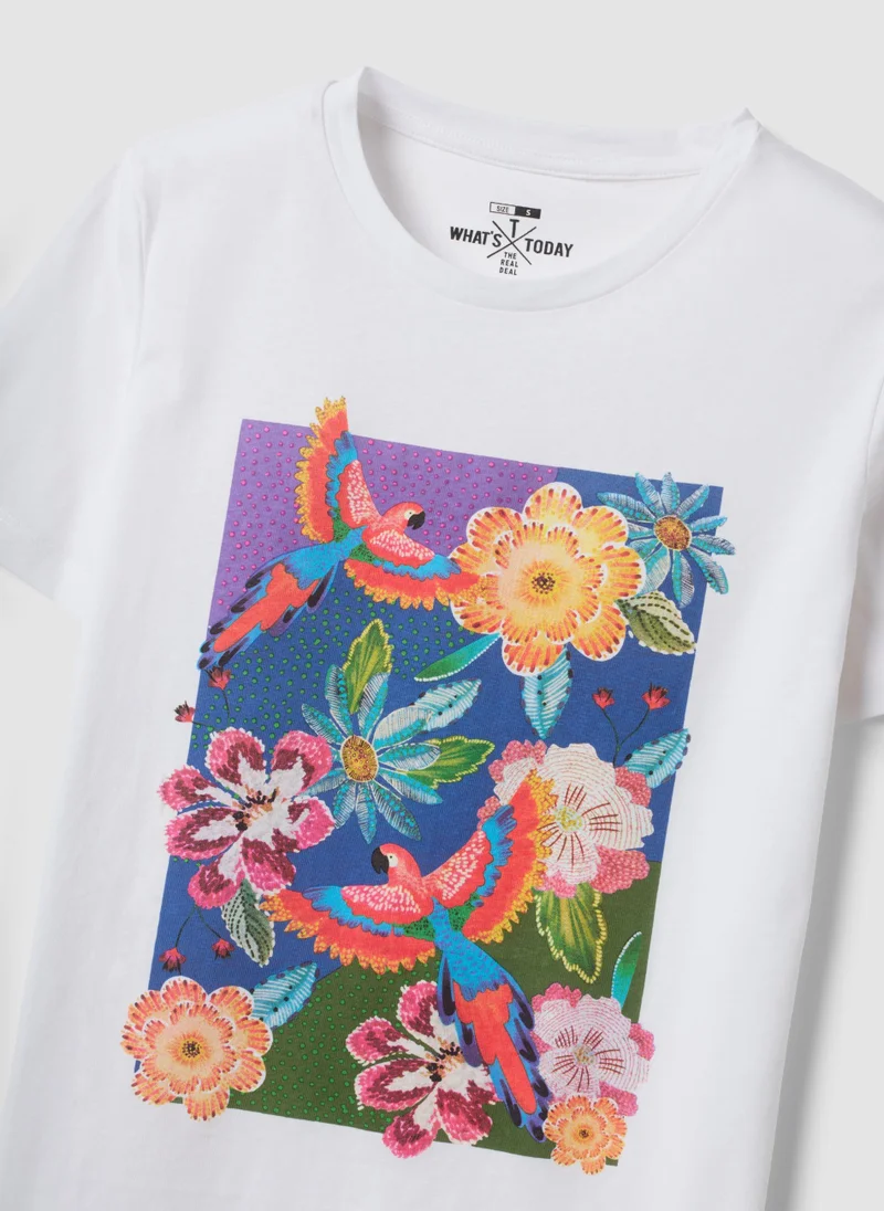 Ovs OVS White Pure Cotton T-Shirt With Floral Print