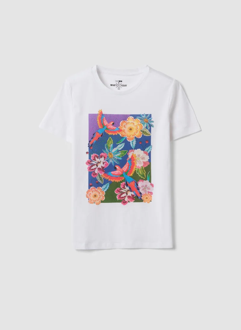 Ovs OVS White Pure Cotton T-Shirt With Floral Print