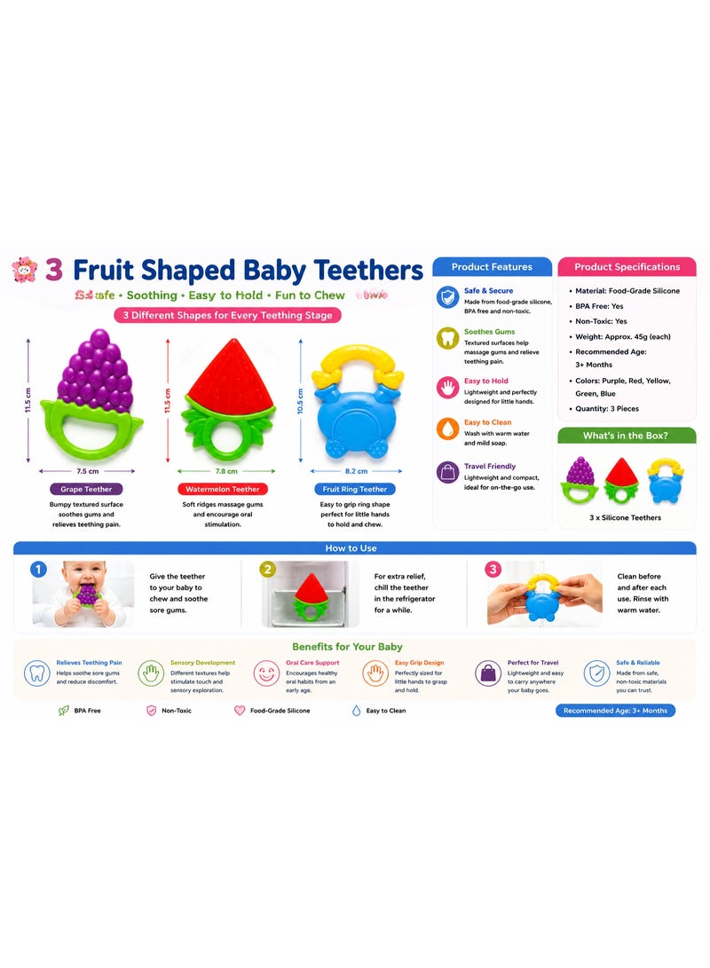 Baby Silicone Teether Set for Ages 3+ Months – 3 Different Shapes for Teething Relief & Easy Grip - Image 2