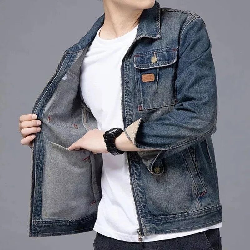 Japanese Vintage Denim Jacket Mens Spring and Autumn Fashion Brand High-end Sense Loose All-match Work Jacket Black Denim Jacket Vintage blue