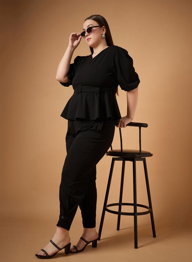 SASSAFRAS Plus Size Solid Belted Peplum Top and Tapered Pants Set - Image 1