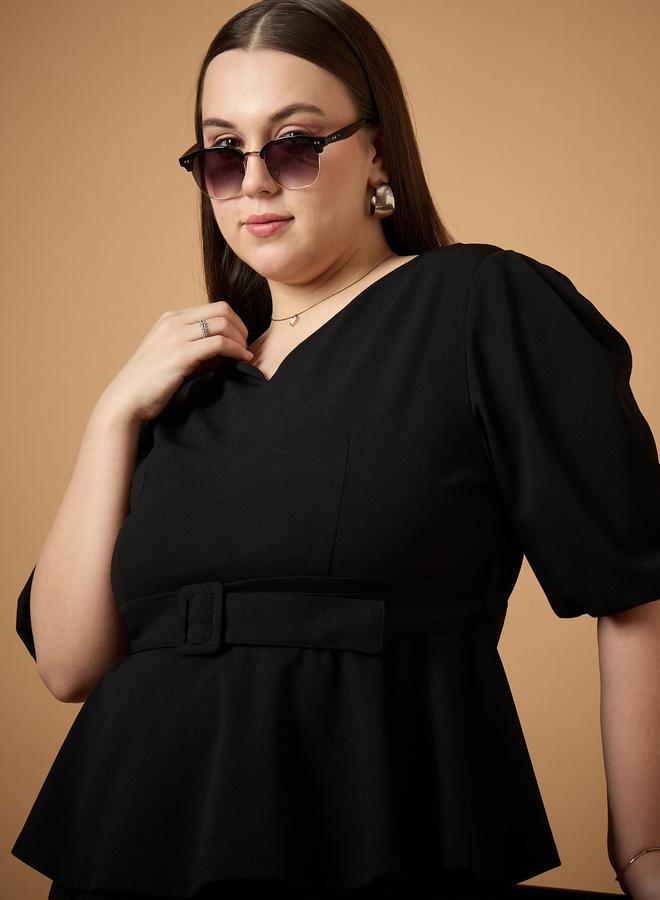 SASSAFRAS Plus Size Solid Belted Peplum Top and Tapered Pants Set - Image 4