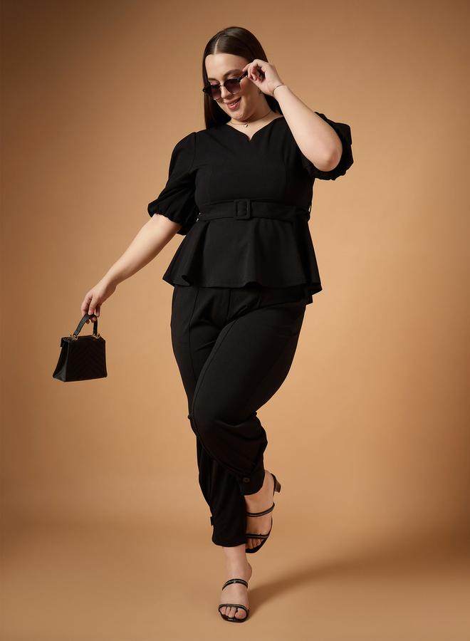 SASSAFRAS Plus Size Solid Belted Peplum Top and Tapered Pants Set - Image 2