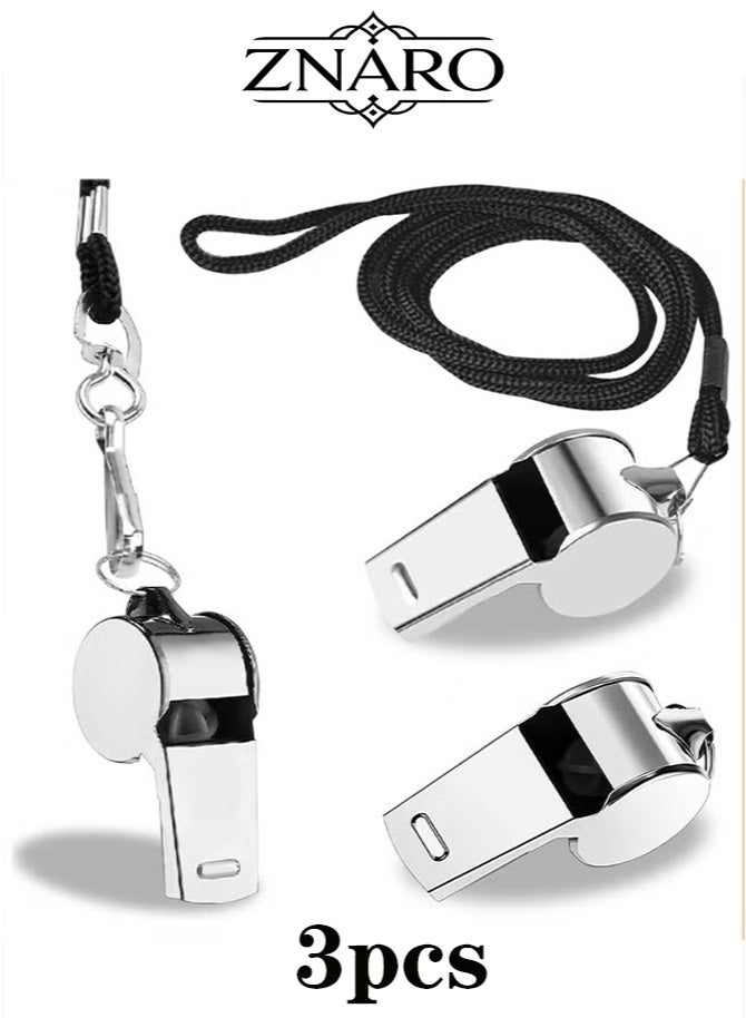 ZNARO 3 PCS Whistle, Stainless Steel Sports Whistle with Lanyard for Coaches, Referees, Emergency and Outdoor Sports (Silver) - Image 1