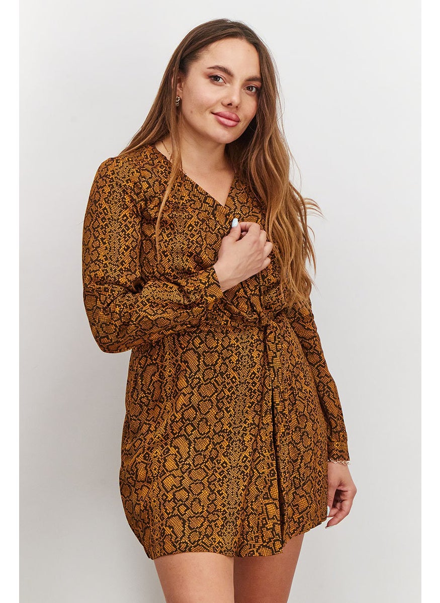 French Connection - Women Animal Print Long Sleeve Mini Dress, Inca Gold - Image 1