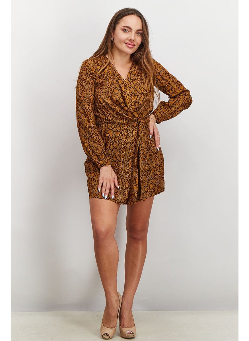 French Connection - Women Animal Print Long Sleeve Mini Dress, Inca Gold - Image 1